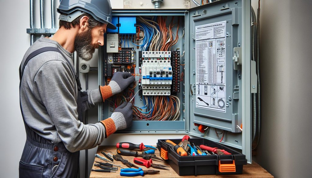 Eletricista instalando um disjuntor de ar condicionado comercial